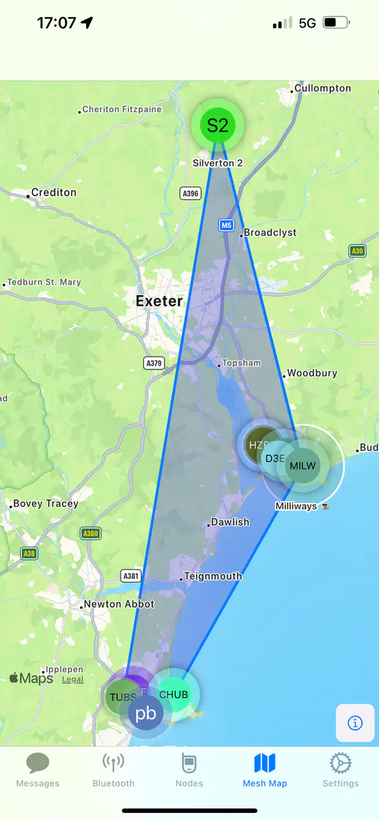 A map showing Meshtastic nodes north and south of Exeter in Devon, United Kingdom. There are three groups of nodes in Torquay, Exmouth and Silverton.