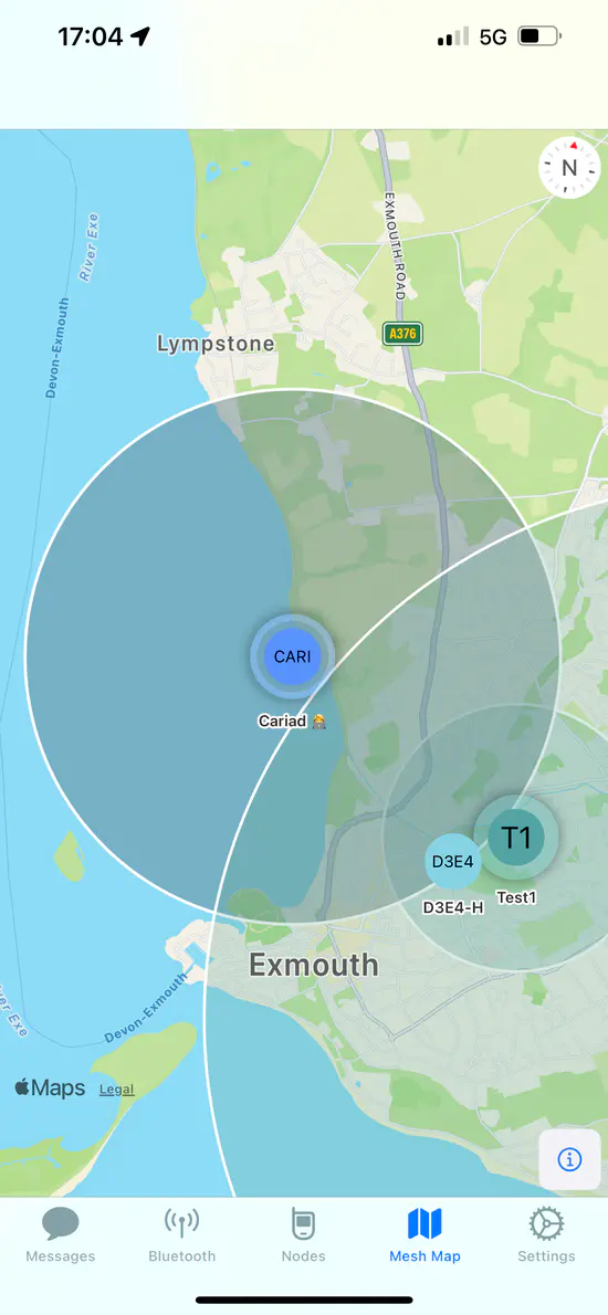 A map showing Meshtastic nodes in Exmouth, Devon.